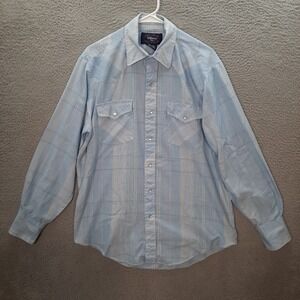 Vintage Williams Bay Shirt Adult 16.5 Blue Plaid Western Pearl Snap Rodeo Cowboy